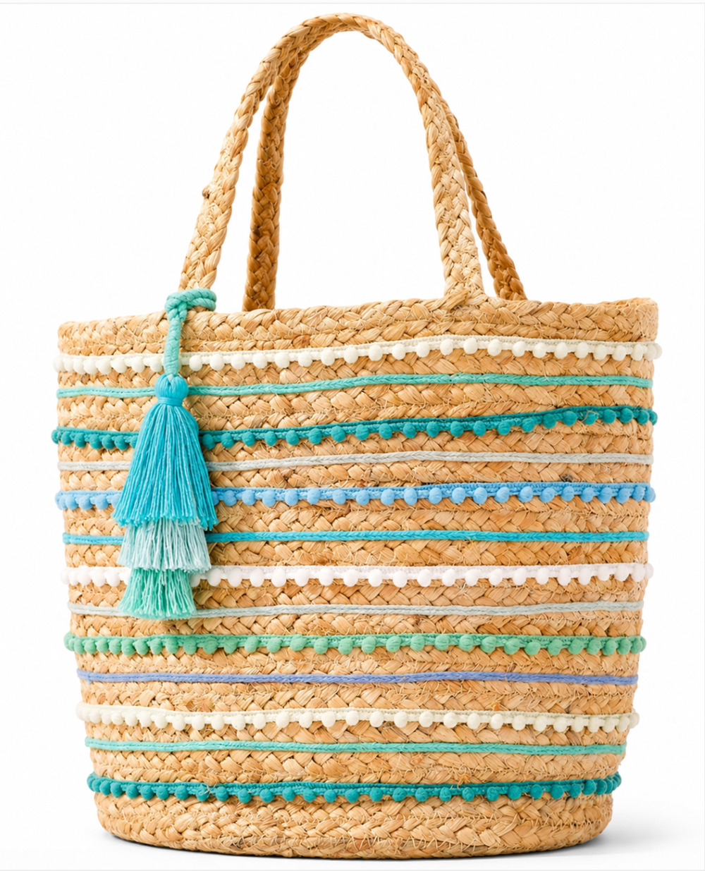NEW CHICO'S NEUTRAL BLUE MULTI STRIPE POM POM JUTE EMBELLISHED TOTE BAG